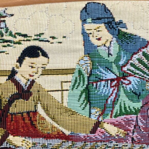 Vintage 70s Asian Tapestry Clutch Handbag Multi-Color Scenery Mini Bag Purse - Picture 9 of 9